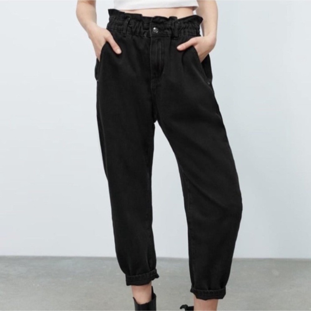 Zara Elastic Paper Bag Waist Barrel Leg Jeans Women's 6 Black‎ Denim High Rise